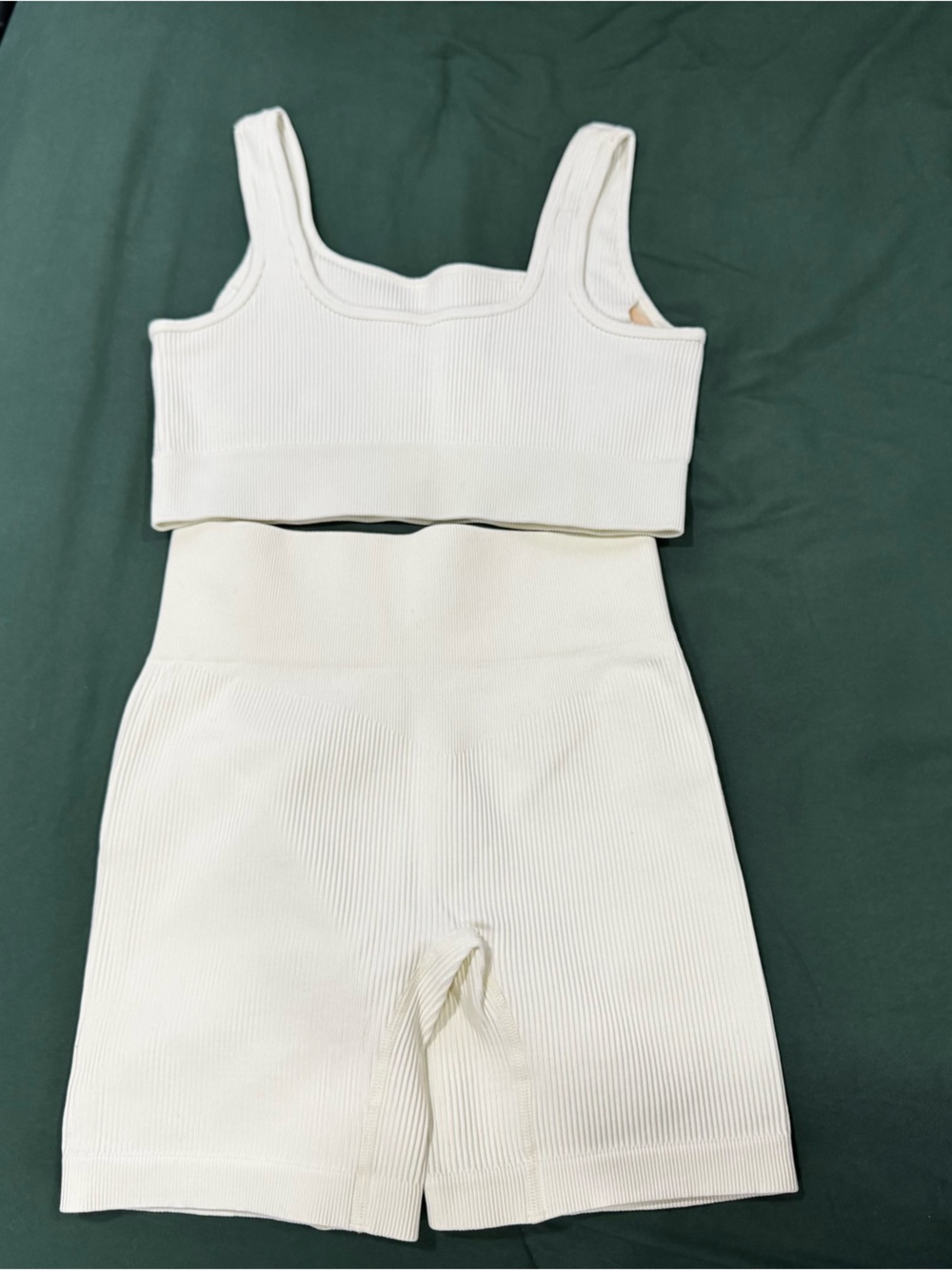 Amazon White Ribbed Sports Bra and High-Waist Biker Shorts Set - Picture 8 of 8